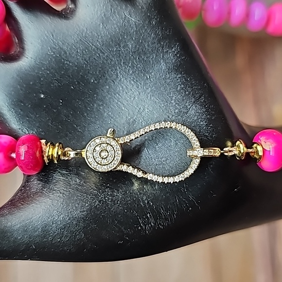 GENUINE RARE HANDSTRUNG BRIGHT PINK OPAL & DIAMOND PAVE 18" NECKLACE - Picture 3 of 15